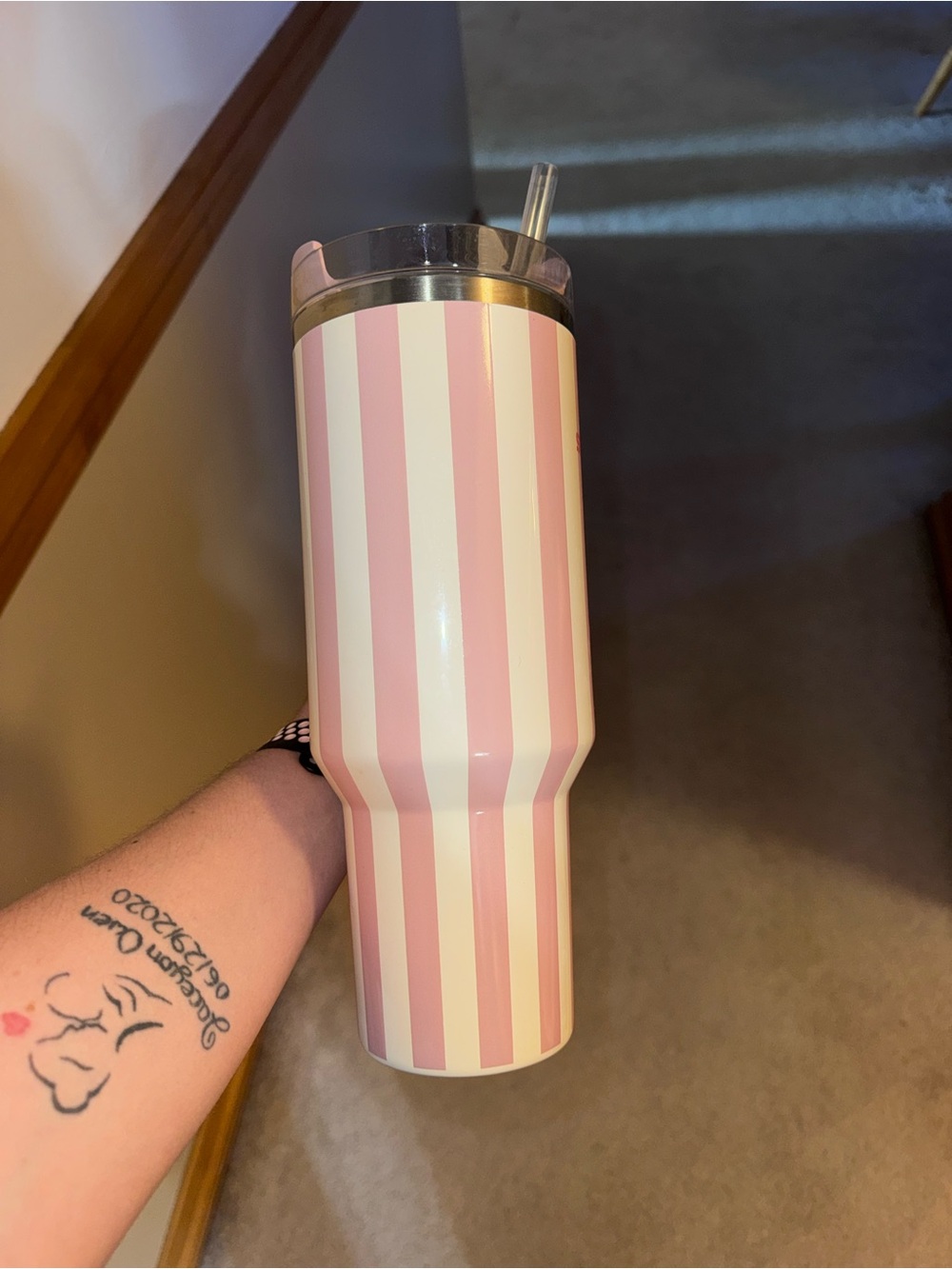 Stanley Pink and White Striped Travel Tumbler with Handle - Picture 3 of 6